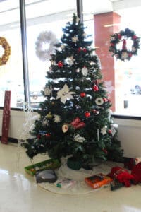 Rescue Ranch THrift Store interior decorated Christmas tree