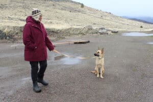 Feral stray, Kenna, on leash outside with Judy