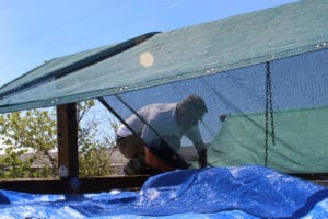 Team member, Ari attaching shade cloth to kennel roof, Lava Fire
