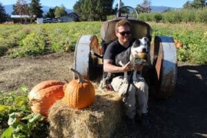 Ari with pocket pitty Ramona at Hunter's Orchard, Pitties in the pumpkin patch