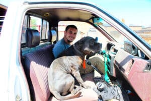 James with Onyx in truck