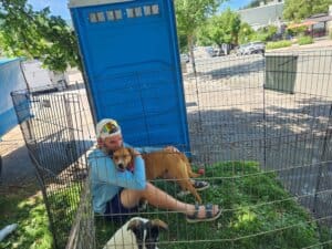 Dog adoptions, Visitor hugging Jan at Dunsmuir railroad Days