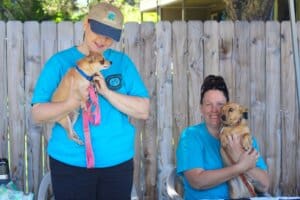 Oldies but Goodies volunteer Julie with Mazi and Founder Donna Jones with Boomba