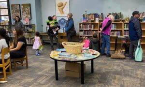 WS of table with pic books