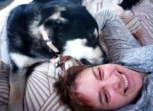 Foster dogs, Ruth Olsen selfie with Guppy